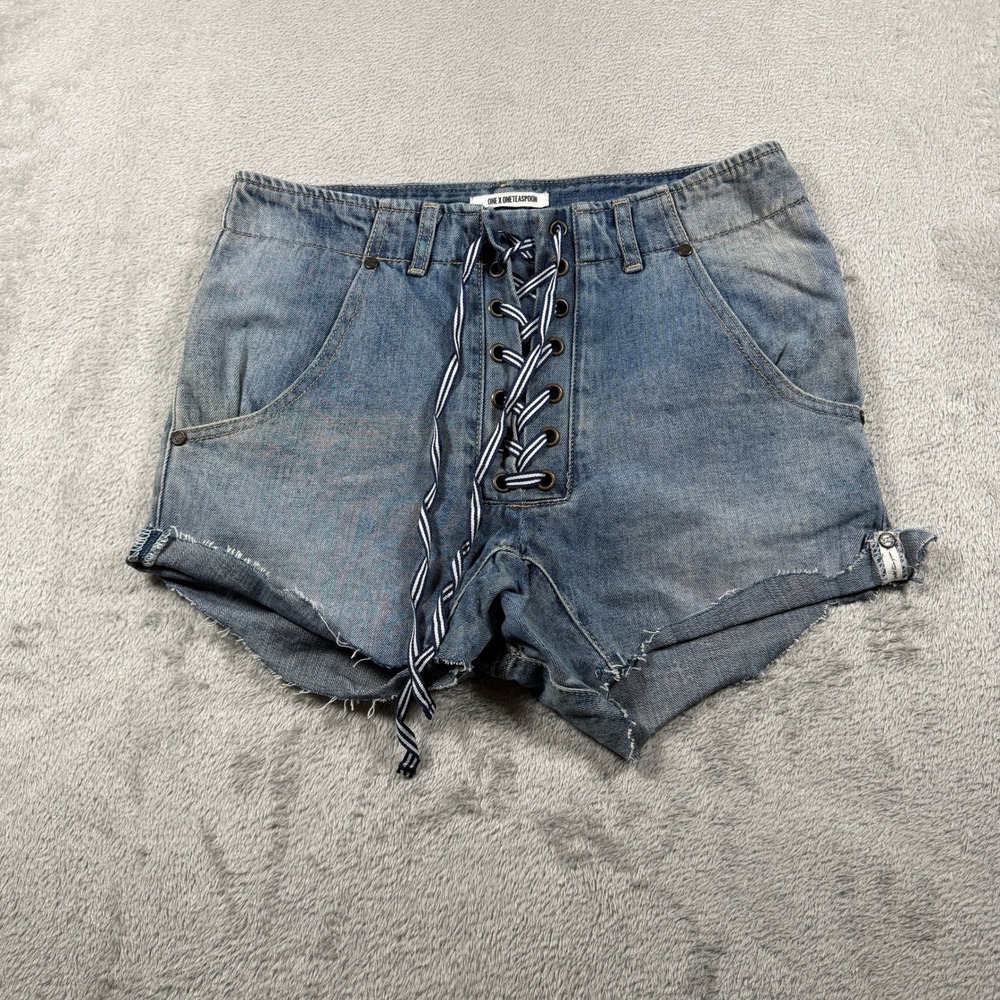 One Teaspoon Super Freaks Shorts Women 26 Blue Medium Wash Lace Up Raw Hem Denim